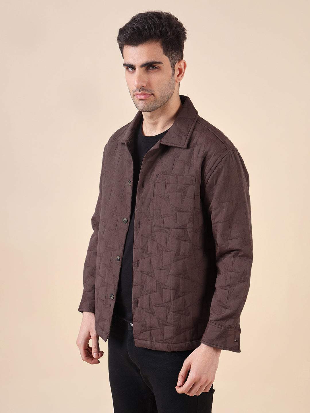 Men Solid Textured Jacquard Weave Oversized Cotton Shacket
