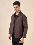 Men Solid Textured Jacquard Weave Oversized Cotton Shacket