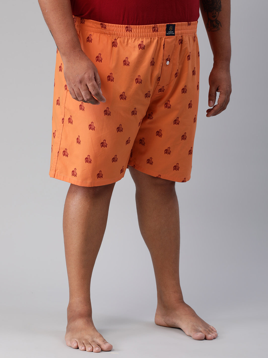 Men's Orange, 100% Cotton, Printeded, Regular Fit, Inner Elastic, Mid-Rise, Plus Size Boxers