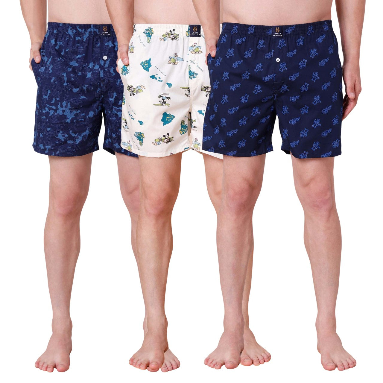 Men's Multicolor, 100% Cotton, printed, Regular Fit,  Inner Elastic, Mid-Rise, Boxers- Pack of 3