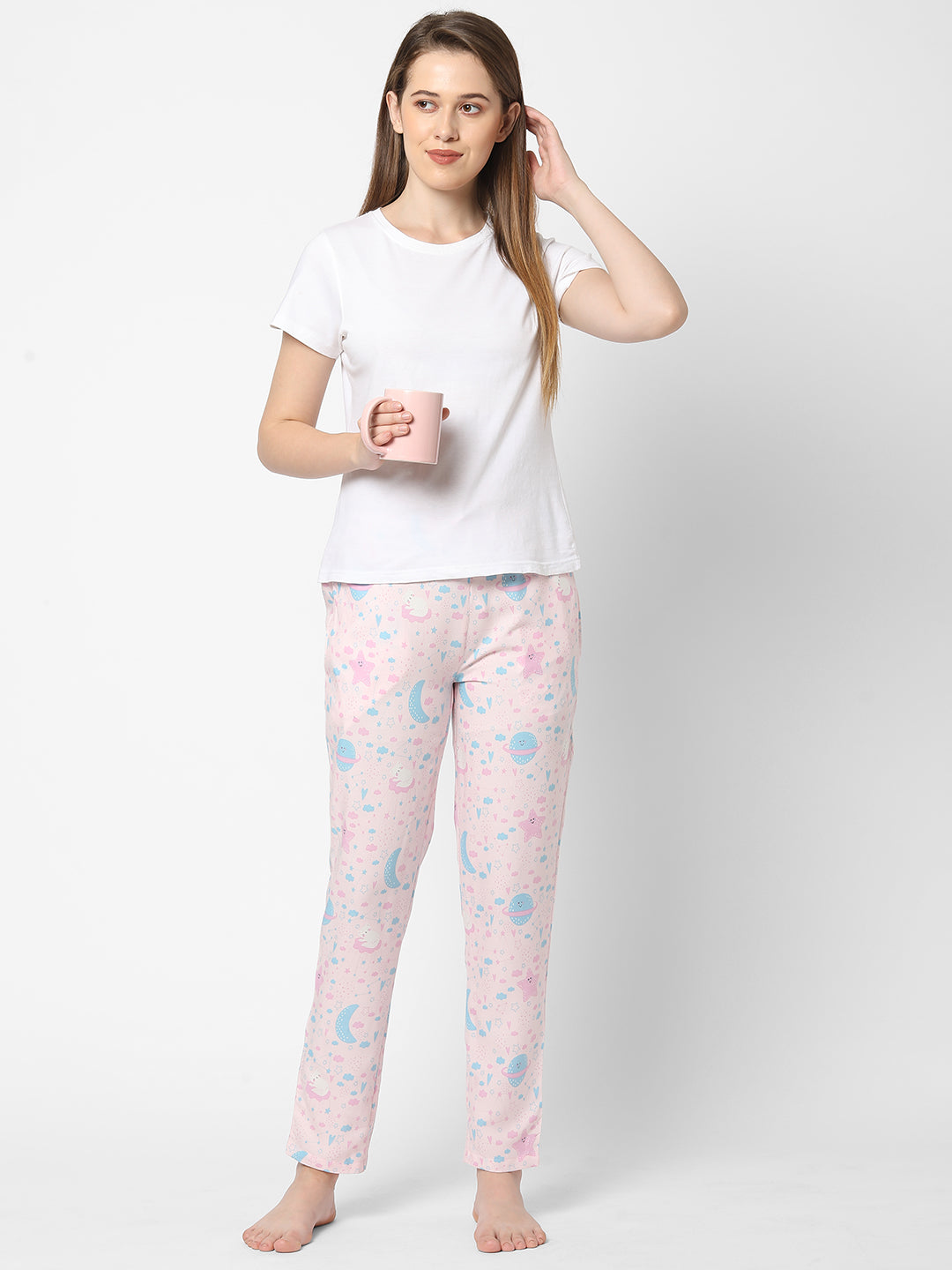 Women's Floral Print, Pink, Viscose, Regular Fit, Elasticated, Waistband, Pyjama  With Side Pockets