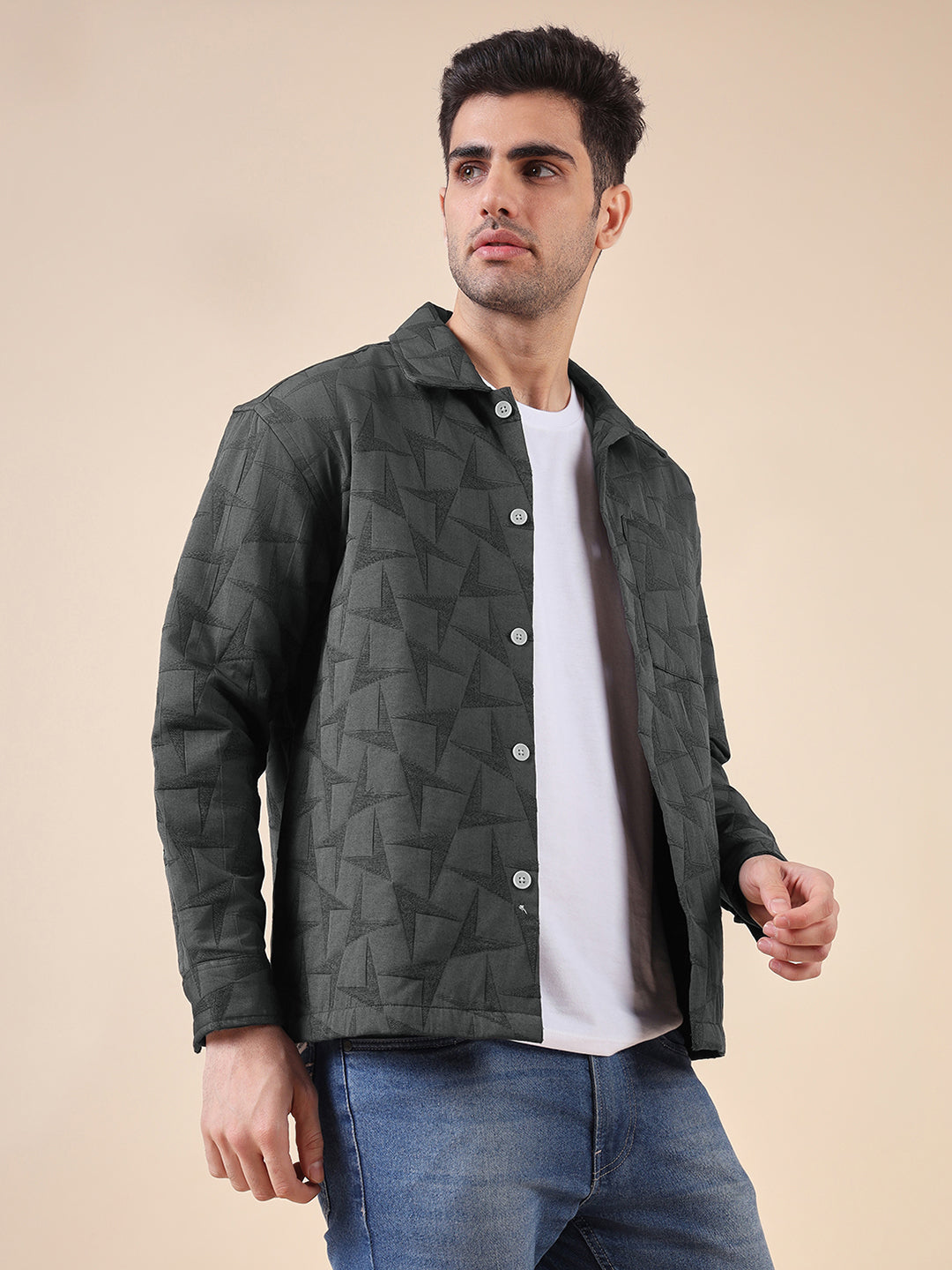 Men Solid Textured Jacquard Weave Oversized Cotton Shacket