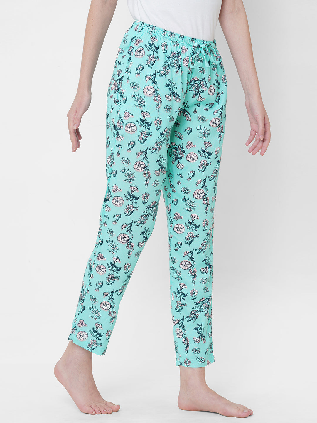 Women's Floral Print, Blue, Viscose, Regular Fit, Elasticated, Waistband, Pyjama  With Side Pockets