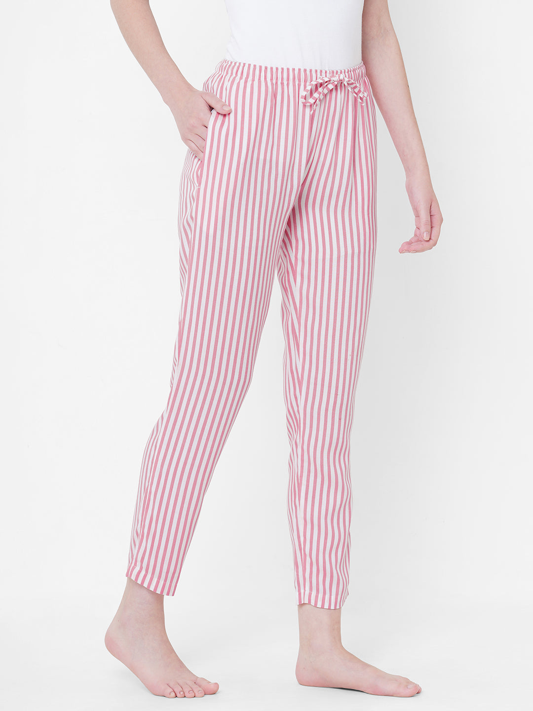 Women's Striped, Pink, Viscose, Regular Fit, Elasticated, Waistband, Pyjama  With Side Pockets