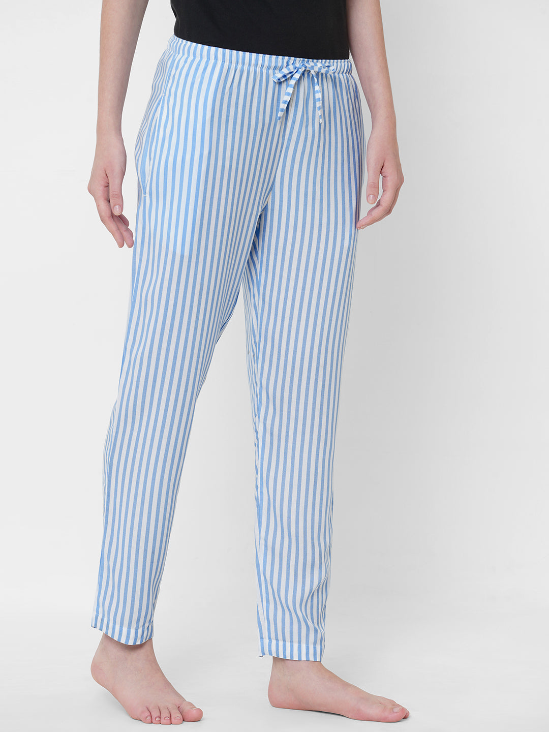 Women's Striped, Blue, Viscose, Regular Fit, Elasticated, Waistband, Pyjama  With Side Pockets