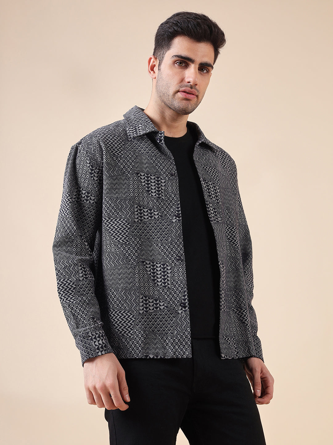Men Jacquard-Weave Oversized Cotton Shacket