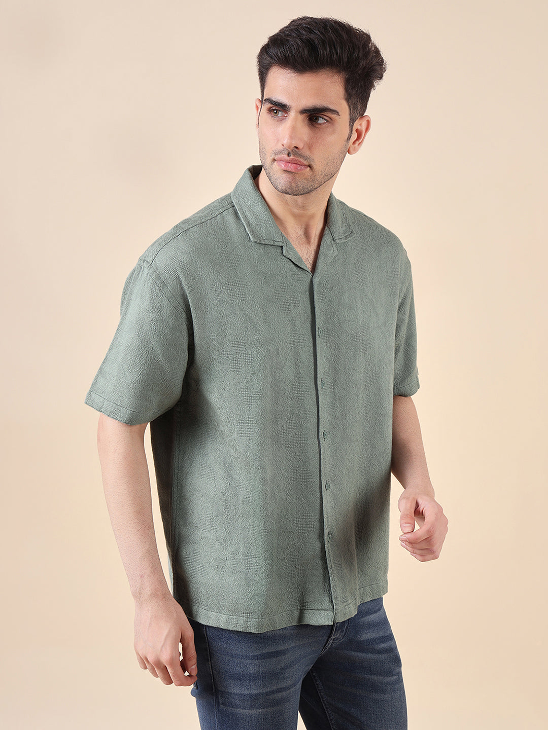 Men Relaxed Fit Cotton Jacquard Textured Resort Shirt