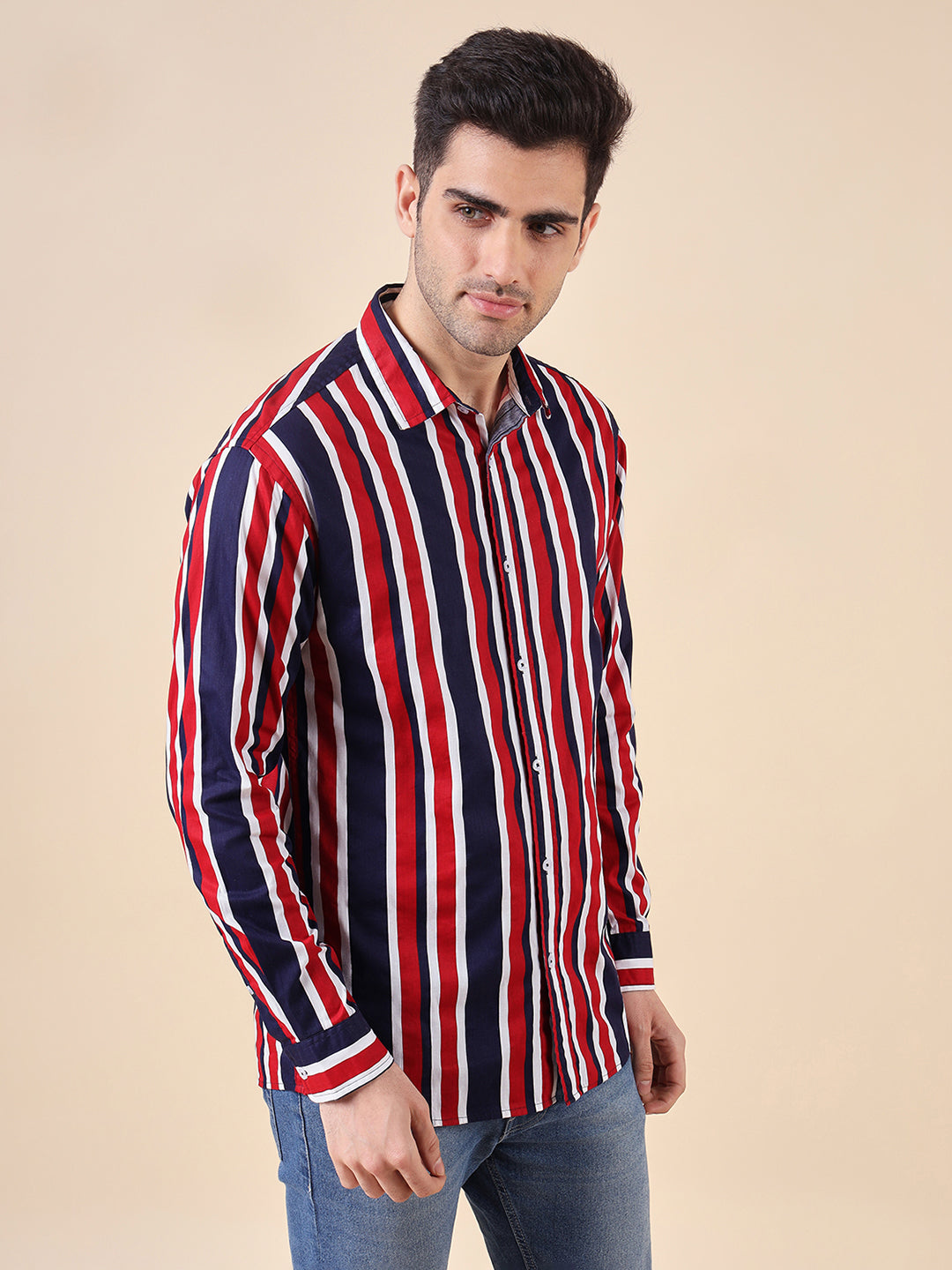 Men Cotton Print Regular Fit Stripe Shirt