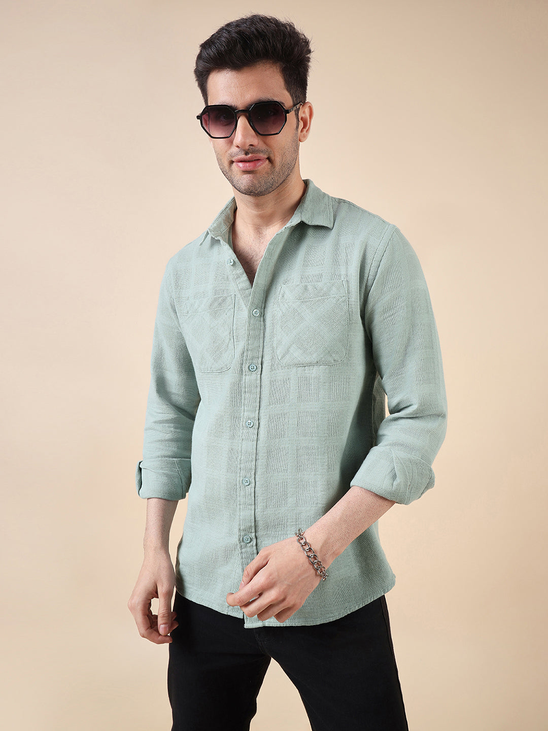 Men Solid Textured Cotton Dobby Shirt