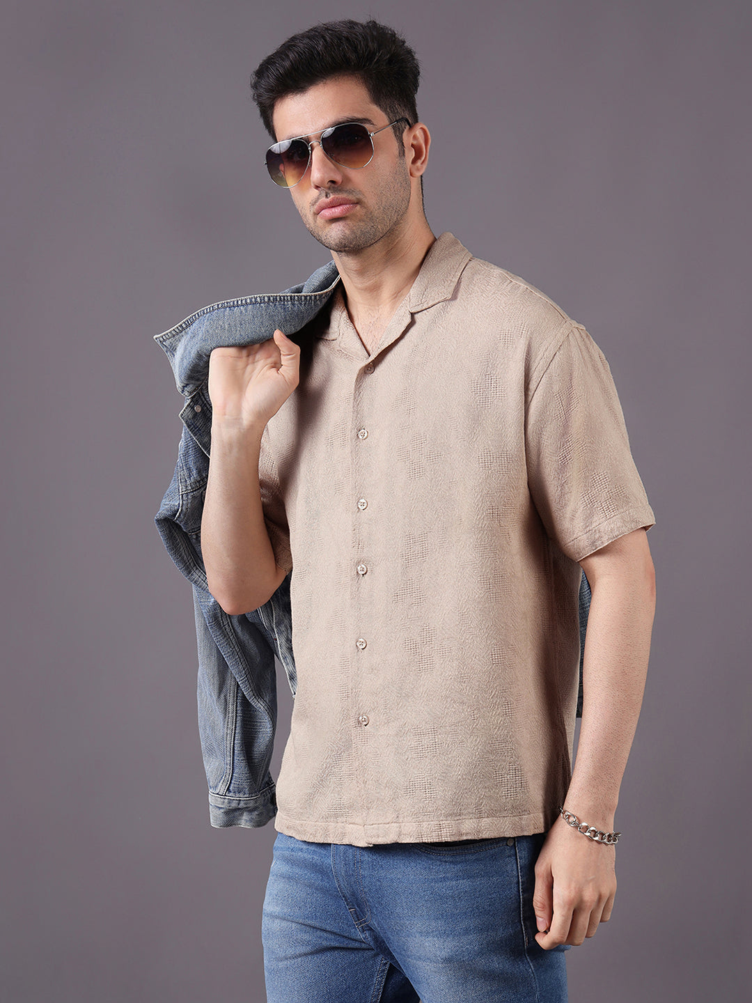 Men Relaxed Fit Cotton Jacquard Textured Resort Shirt