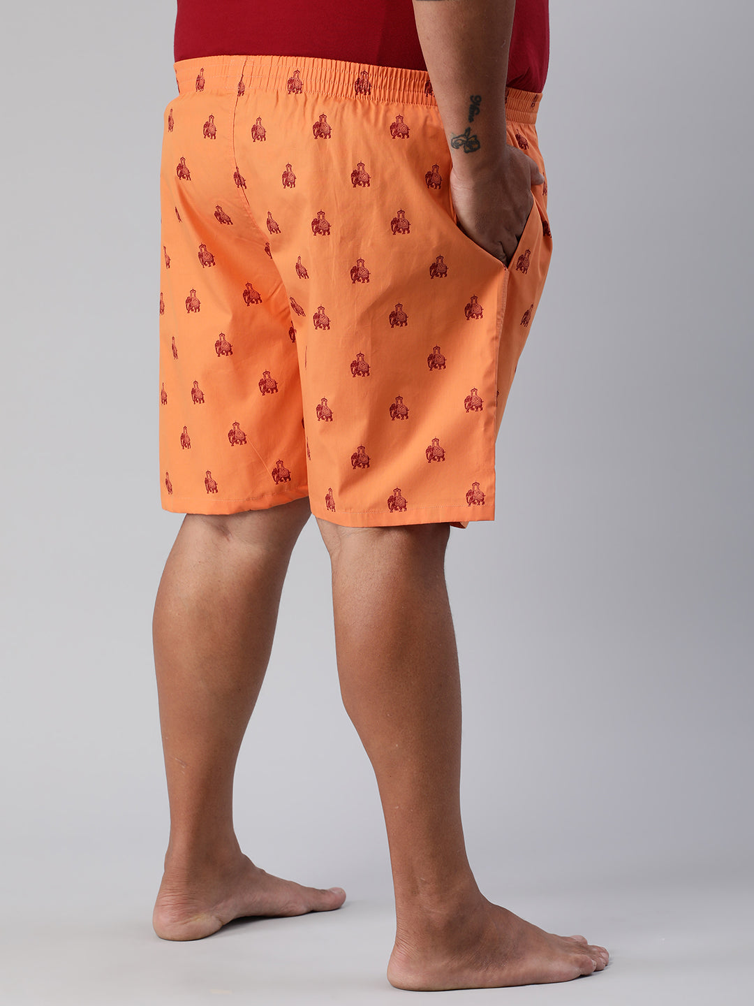 Men's Orange, 100% Cotton, Printeded, Regular Fit, Inner Elastic, Mid-Rise, Plus Size Boxers