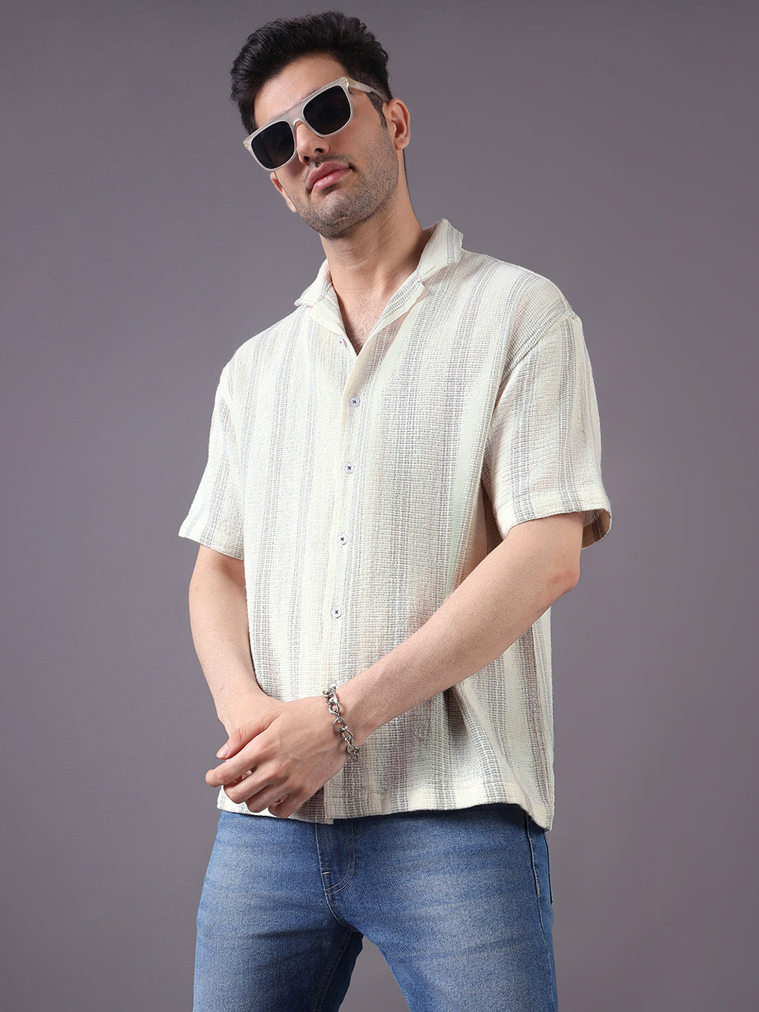 Men Relaxed Fit Cotton Stripe Textured Resort Shirt