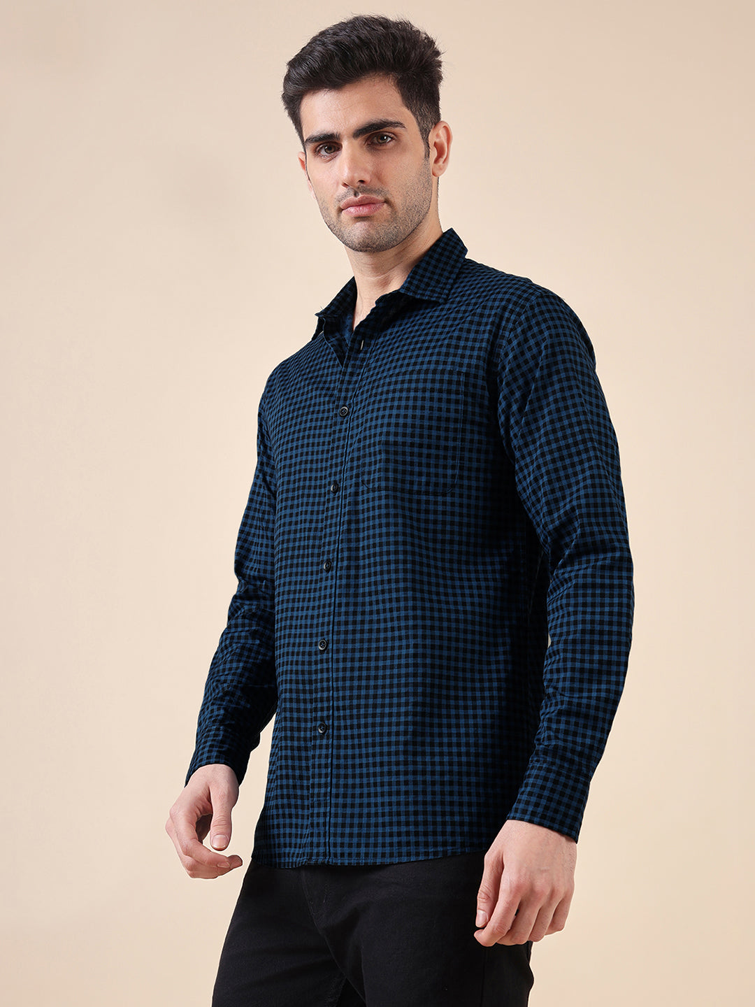 Men Cotton Print Regular Fit Check Shirt