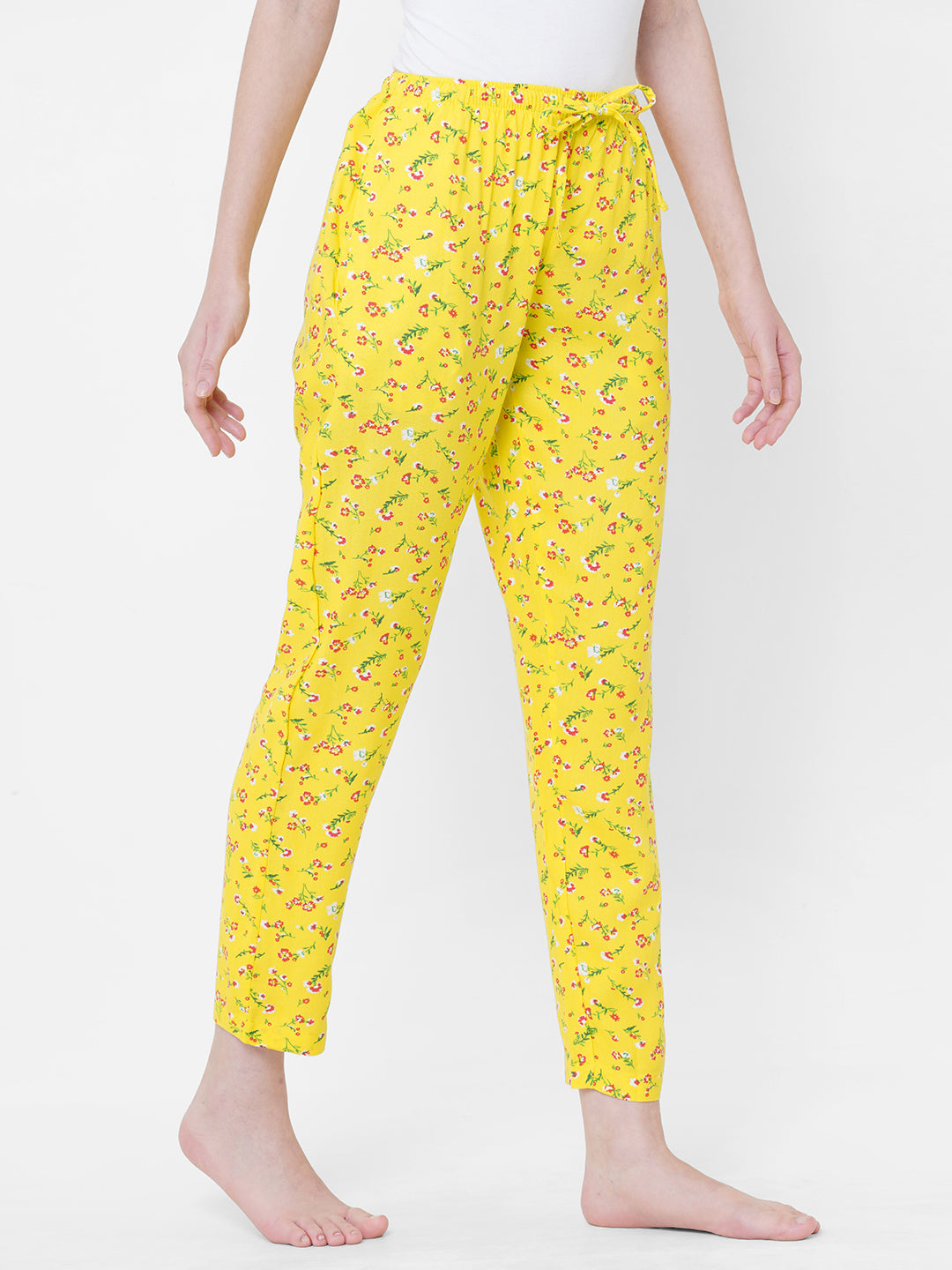 Women's Floral Print, Yellow, Viscose, Regular Fit, Elasticated, Waistband, Pyjama  With Side Pockets