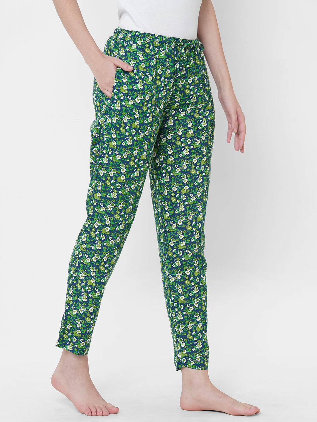 Women's Floral Print, Green, Viscose, Regular Fit, Elasticated, Waistband, Pyjama  With Side Pockets