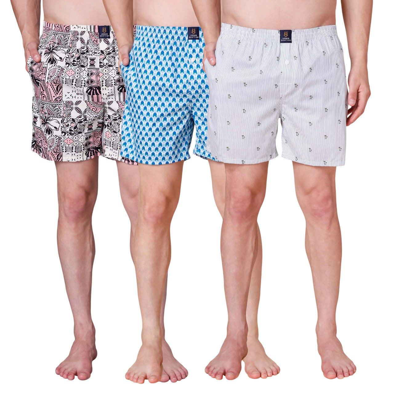 Men's Multicolor, 100% Cotton, printed, Regular Fit,  Inner Elastic, Mid-Rise, Boxers- Pack of 3