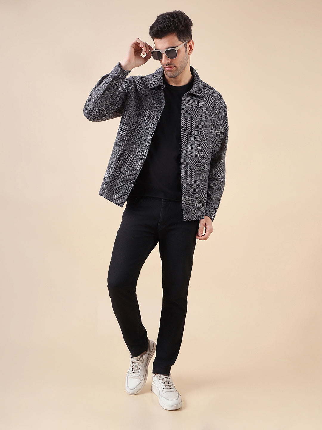 Men Jacquard-Weave Oversized Cotton Shacket