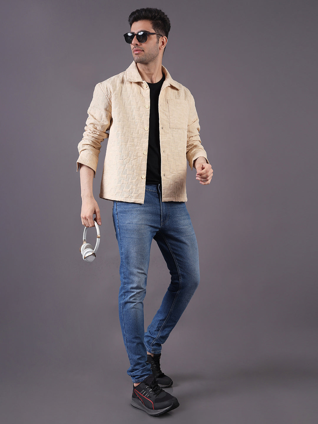 Men Solid Textured Jacquard Weave Oversized Cotton Shacket