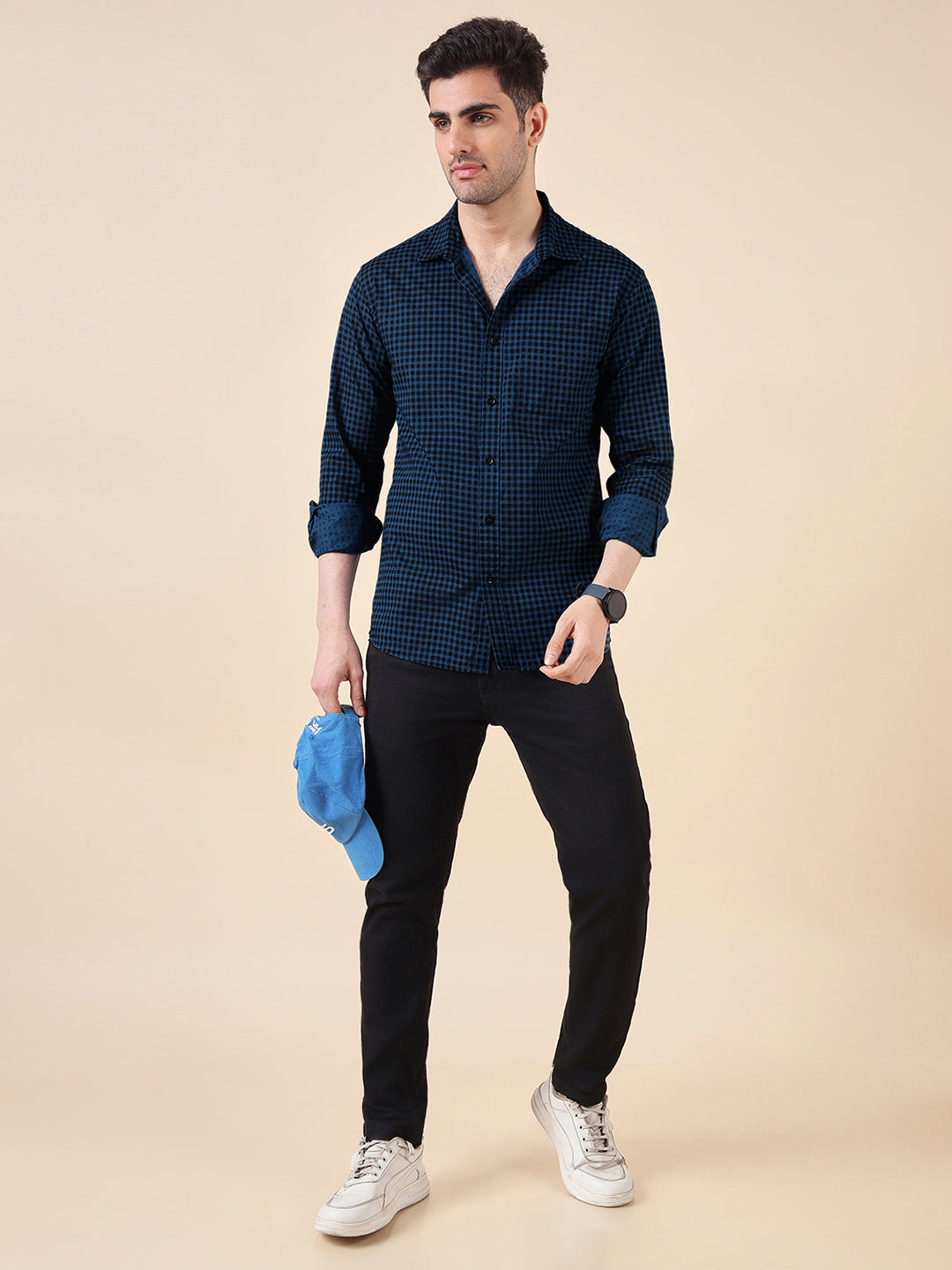 Men Cotton Print Regular Fit Check Shirt