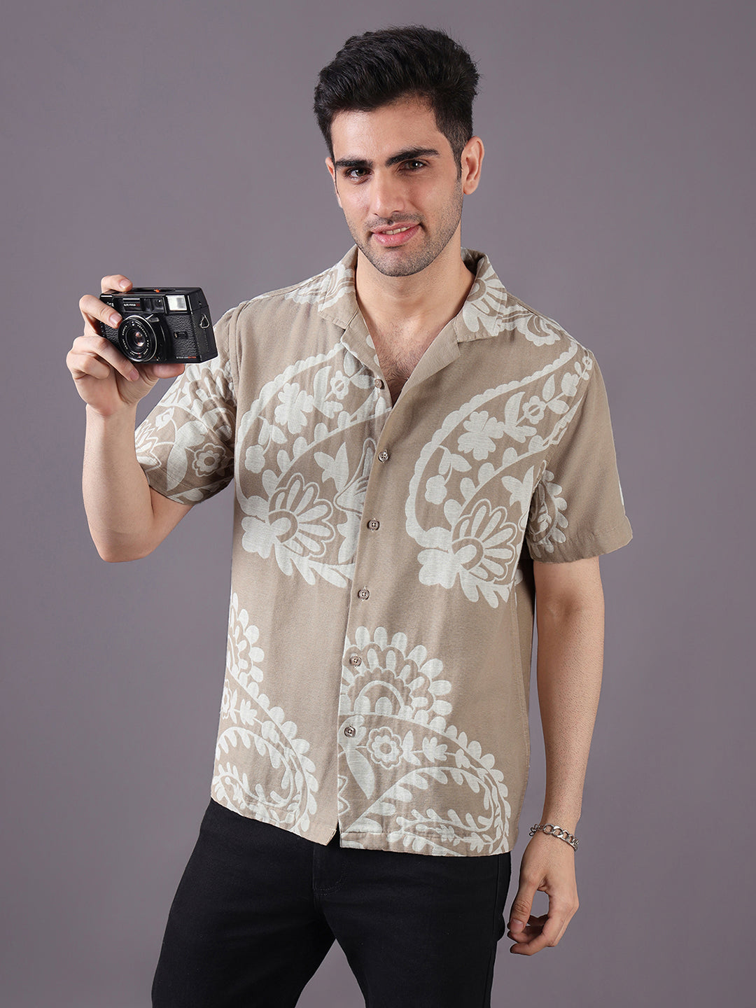 Men Cotton Linen Jacquard-Weave Relaxed Fit Resort Shirt