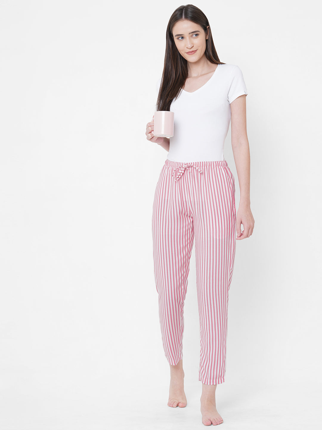 Women's Striped, Pink, Viscose, Regular Fit, Elasticated, Waistband, Pyjama  With Side Pockets