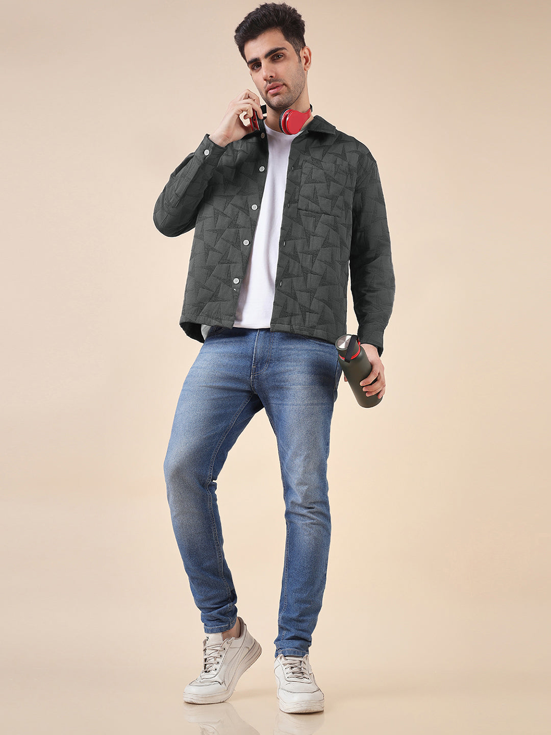 Men Solid Textured Jacquard Weave Oversized Cotton Shacket