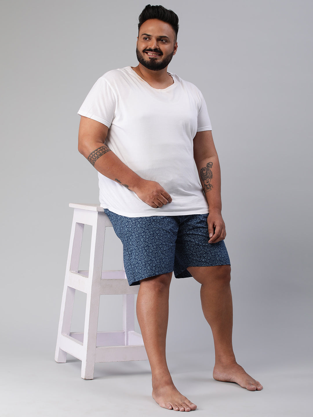 Men's Blue, 100% Cotton, Printeded, Regular Fit, Inner Elastic, Mid-Rise, Plus Size Boxers