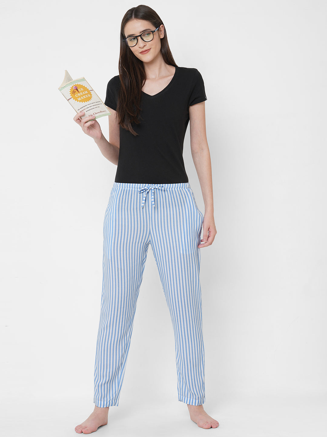 Women's Striped, Blue, Viscose, Regular Fit, Elasticated, Waistband, Pyjama  With Side Pockets