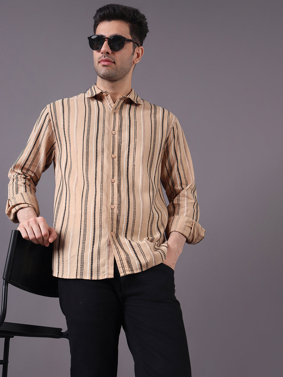 Men Textured Stripe Regular Fit Cotton Shirt