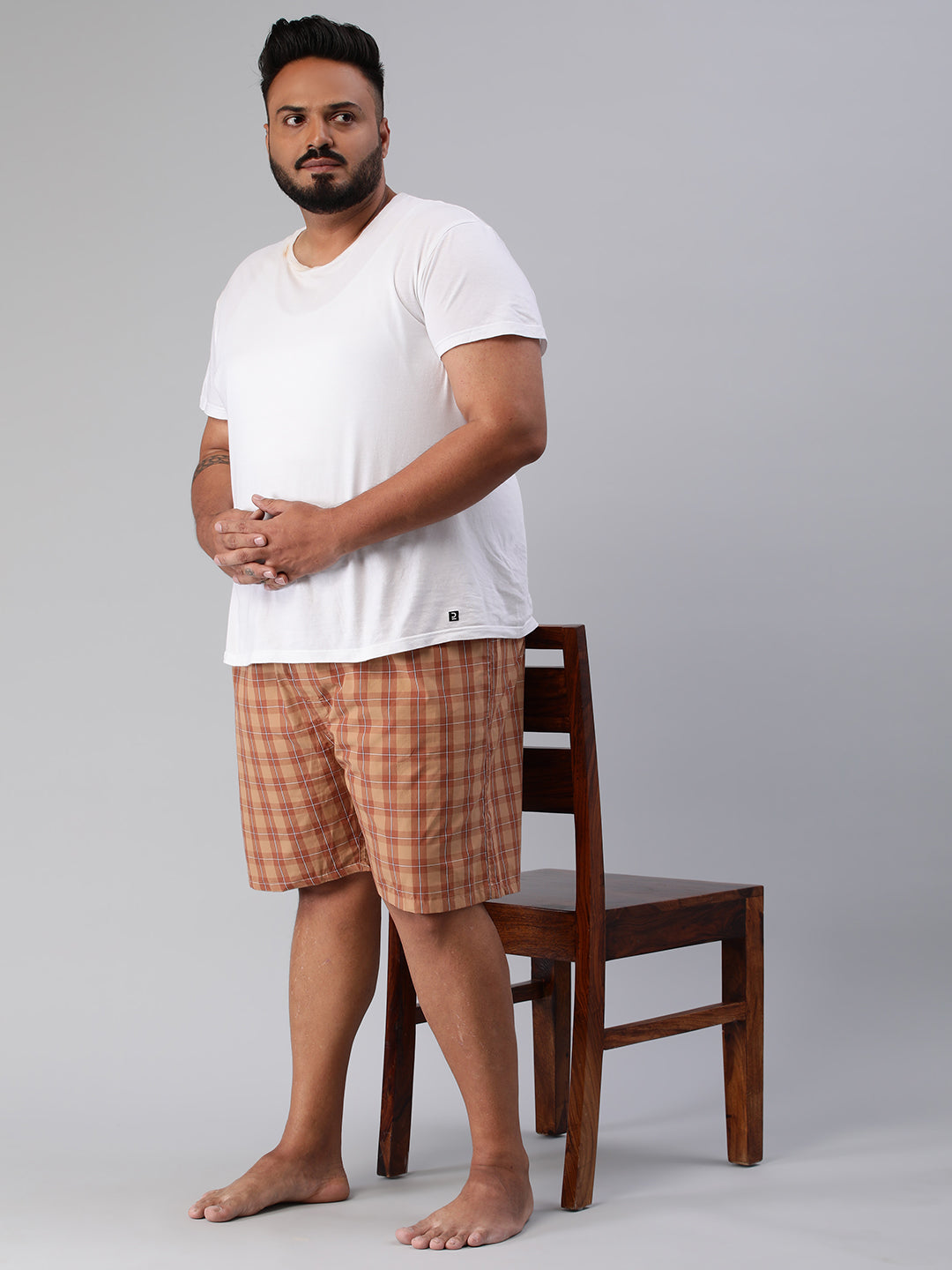 Men's Orange, 100% Cotton, Checkered, Regular Fit, Inner Elastic, Mid-Rise, Plus Size Boxers