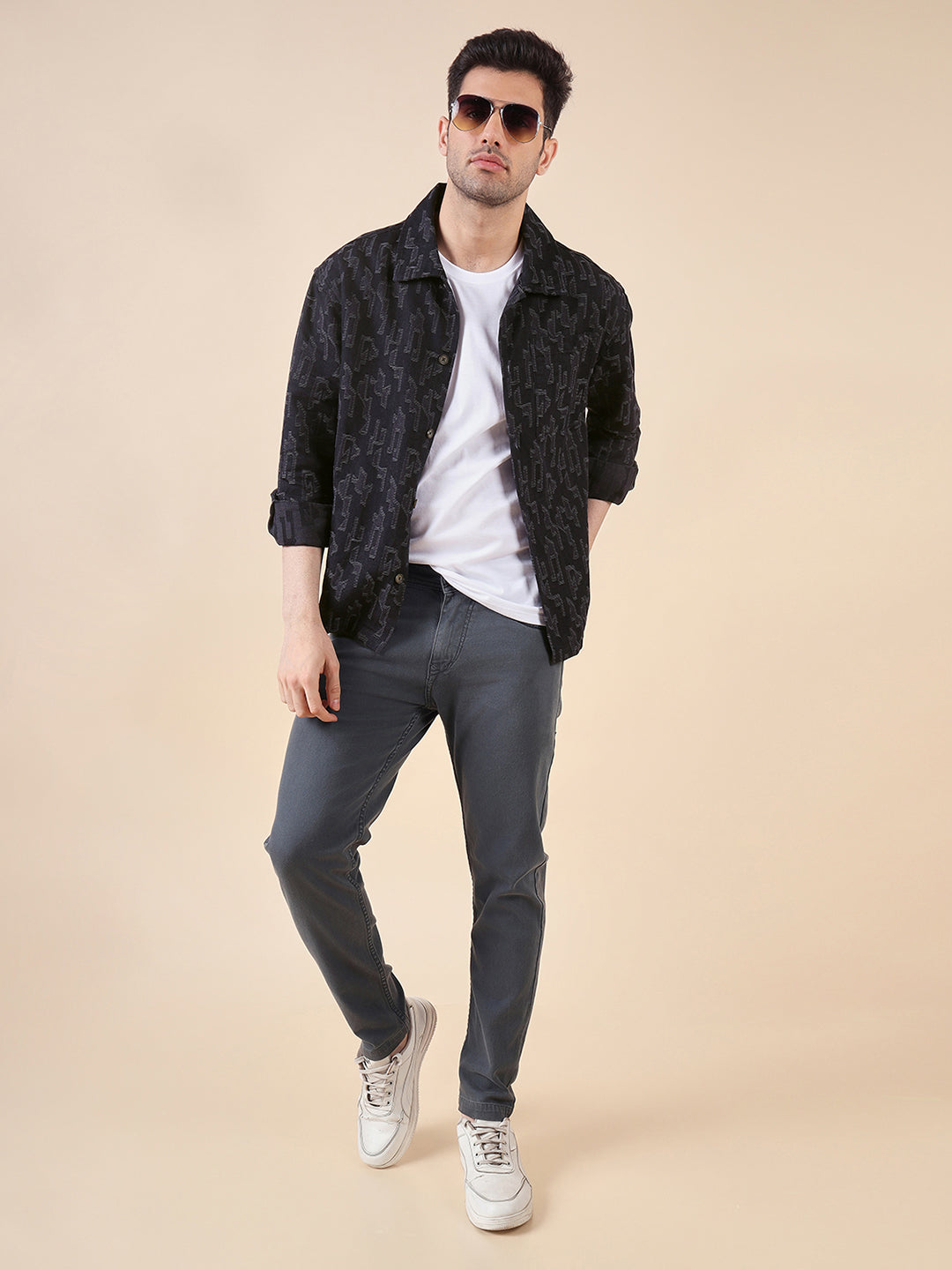 Men Solid Textured Jacquard Weave Oversized Cotton Shacket