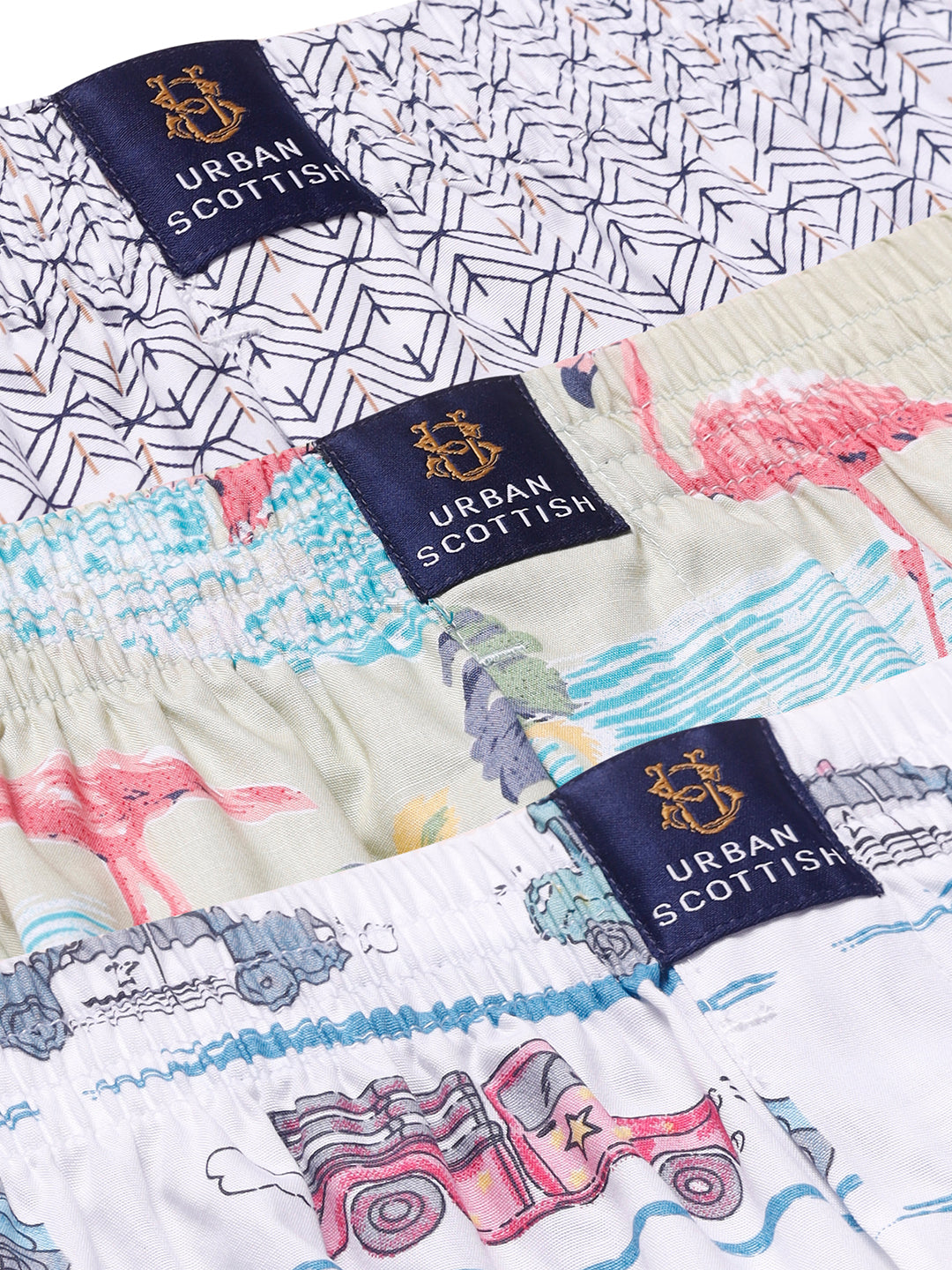 Men's Multicolor, 100% Cotton, printed, Regular Fit,  Inner Elastic, Mid-Rise, Boxers- Pack of 3