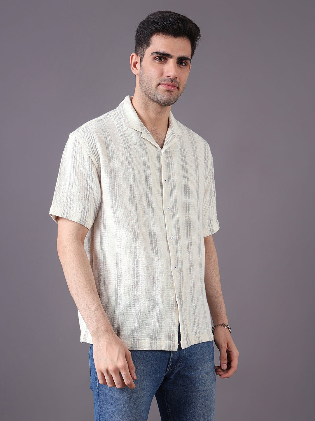Men Relaxed Fit Cotton Stripe Textured Resort Shirt