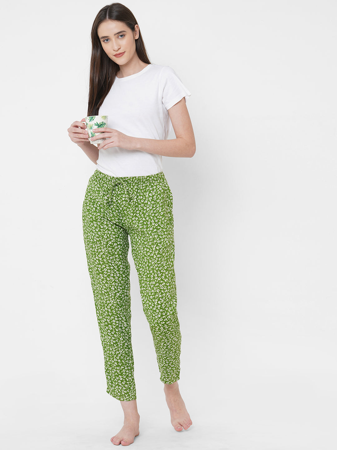 Women's Floral Print, Green, Viscose, Regular Fit, Elasticated, Waistband, Pyjama  With Side Pockets