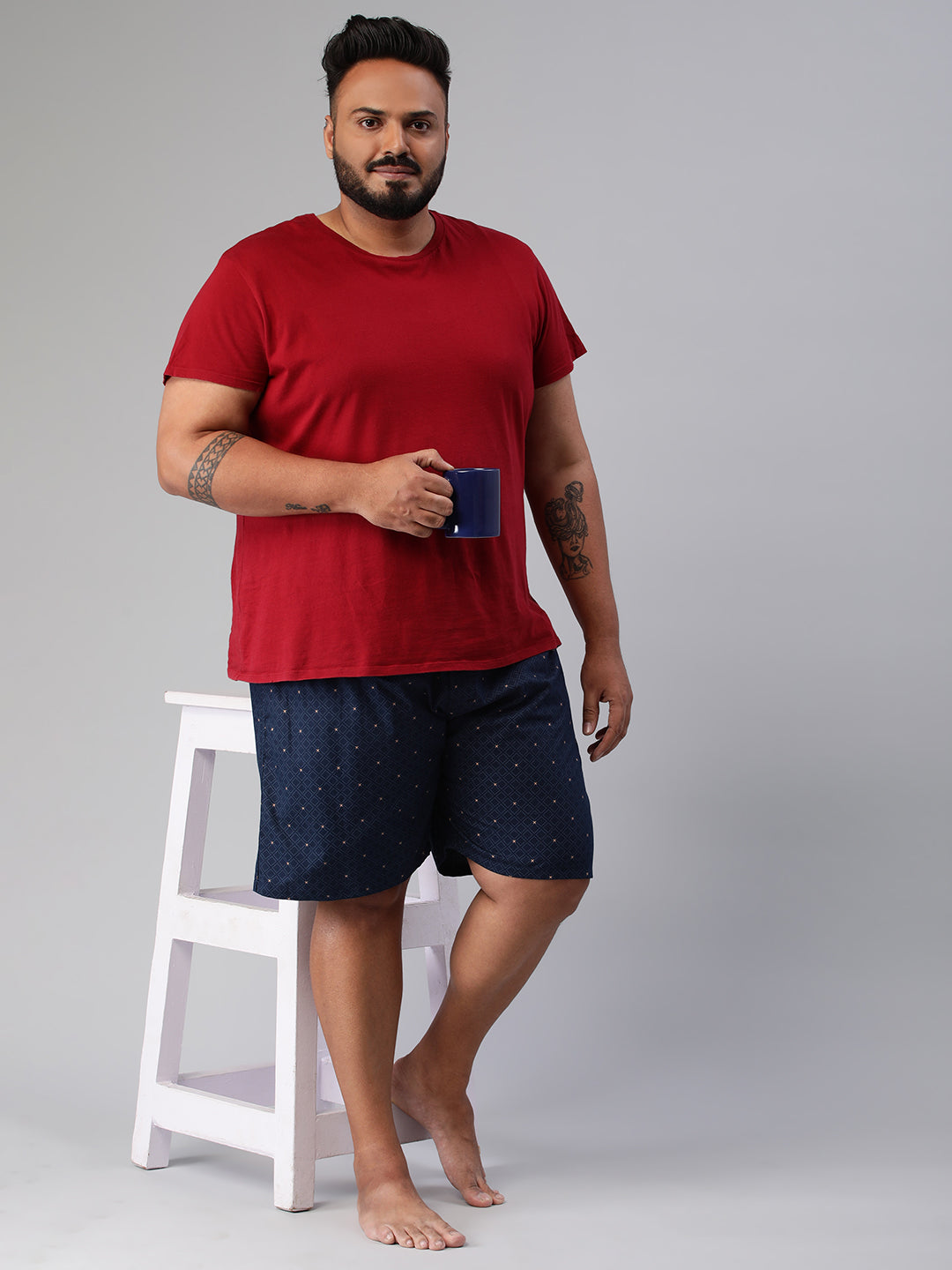 Men's Blue, 100% Cotton, Printeded, Regular Fit, Inner Elastic, Mid-Rise, Plus Size Boxers