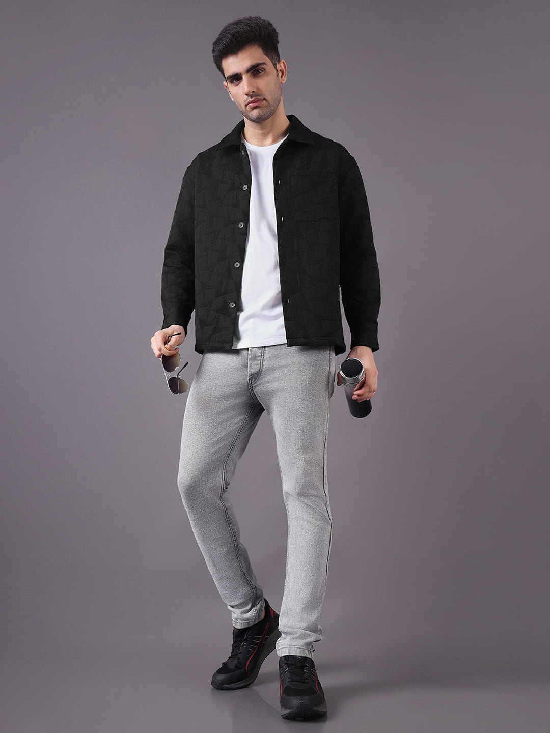 Men Solid Textured Jacquard Weave Oversized Cotton Shacket