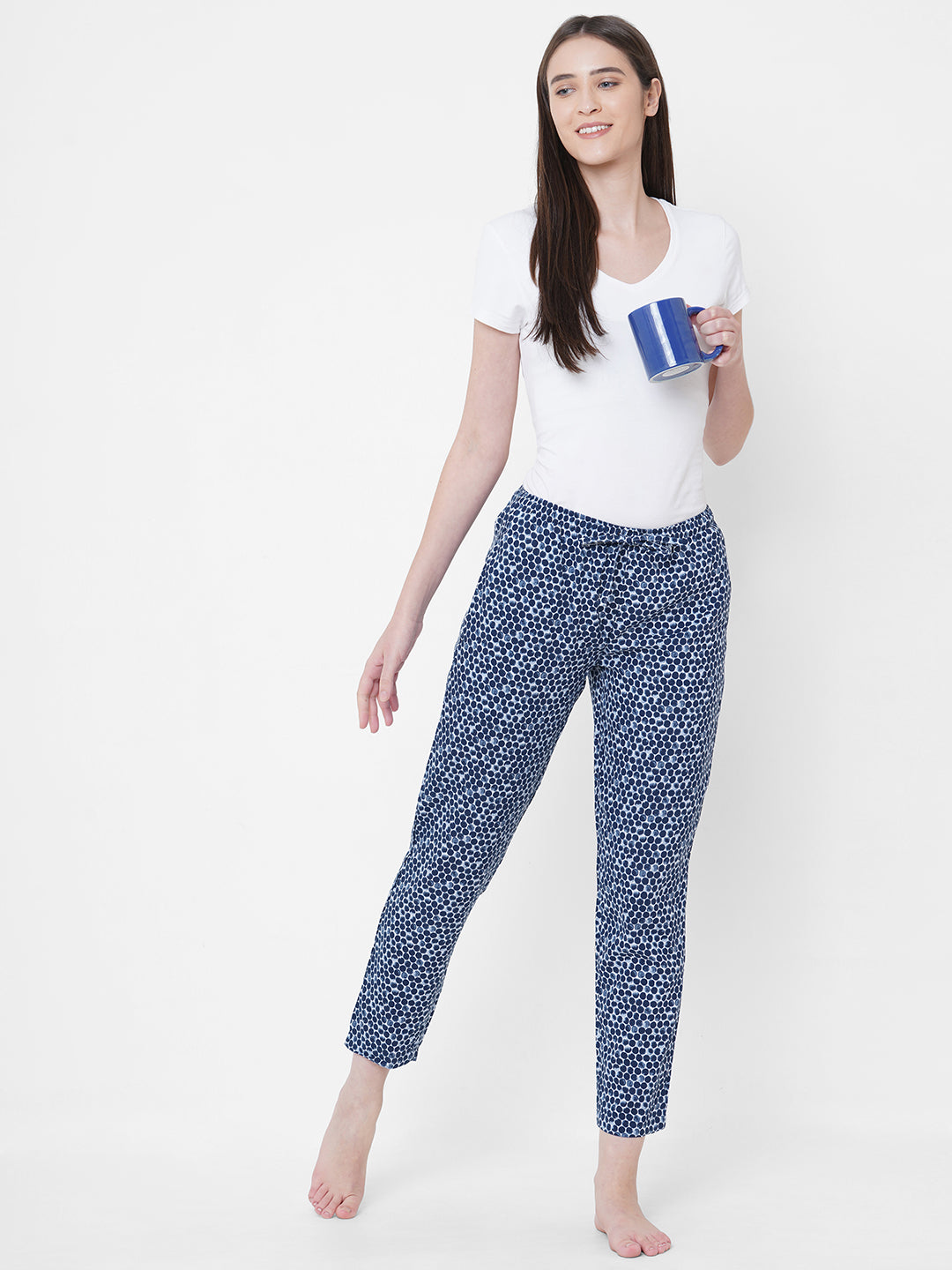 Women's Polka Print, Blue, Viscose, Regular Fit, Elasticated, Waistband, Pyjama  With Side Pockets