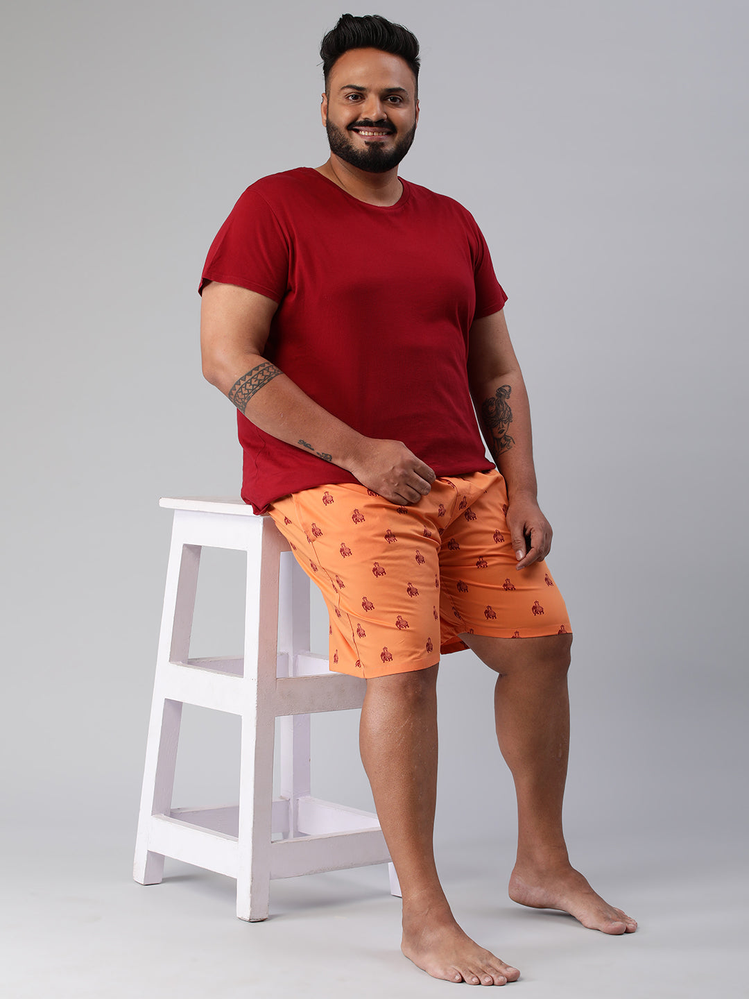 Men's Orange, 100% Cotton, Printeded, Regular Fit, Inner Elastic, Mid-Rise, Plus Size Boxers