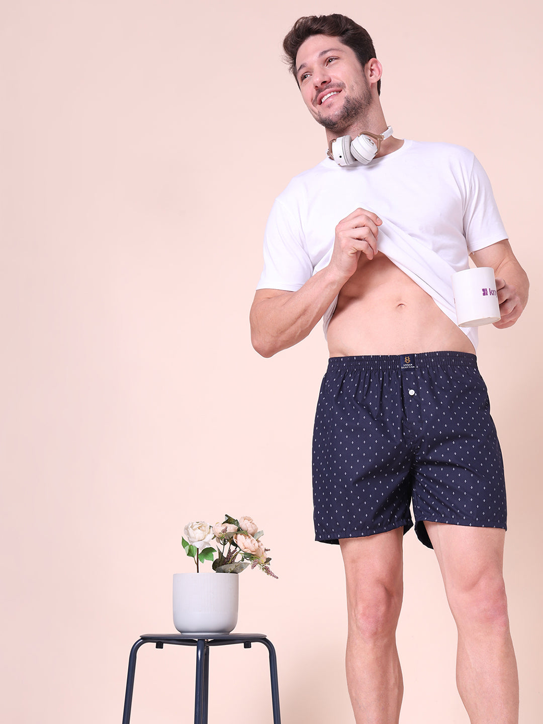 Navy Blue Men's Cotton Printed Boxer