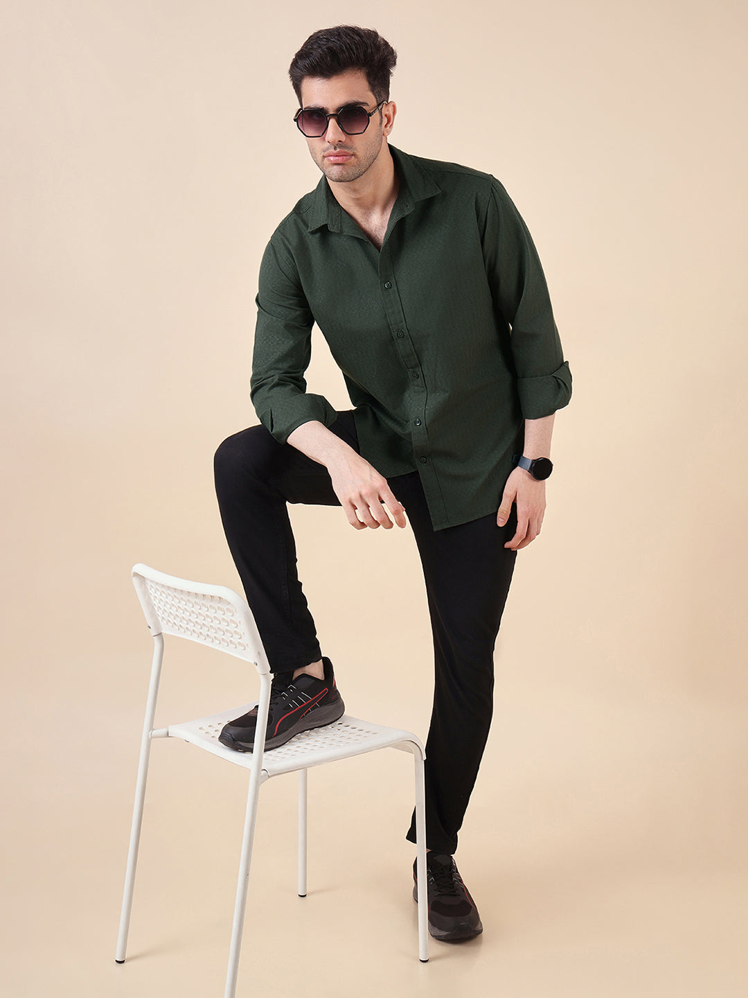 Men Regular Fit Jacquard-Weave Cotton Shirt