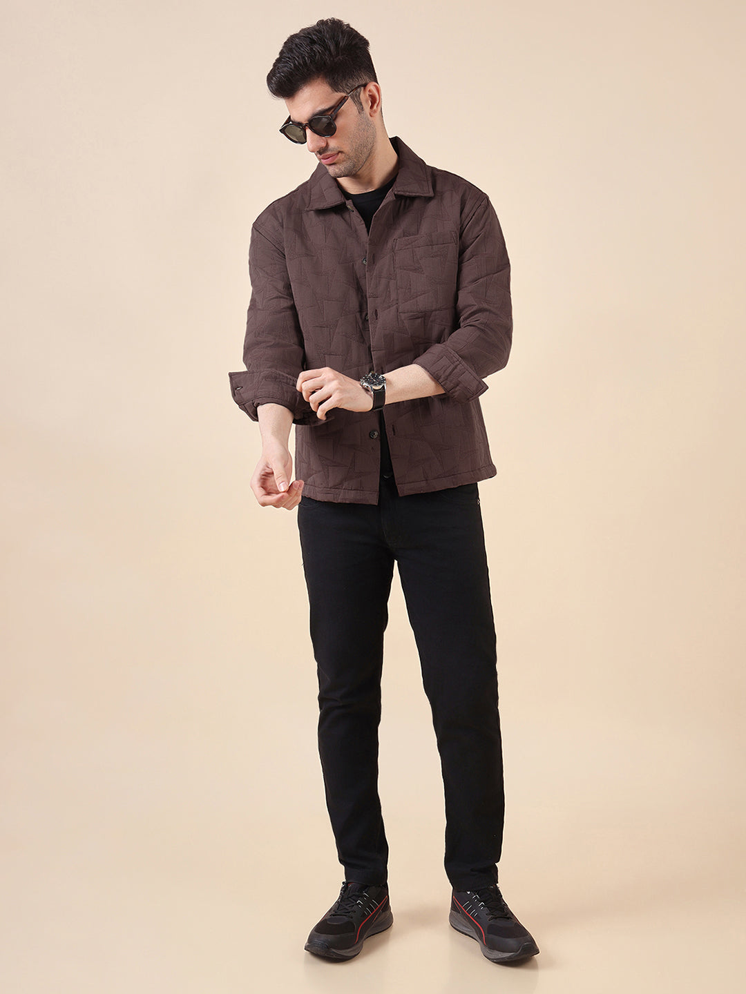 Men Solid Textured Jacquard Weave Oversized Cotton Shacket