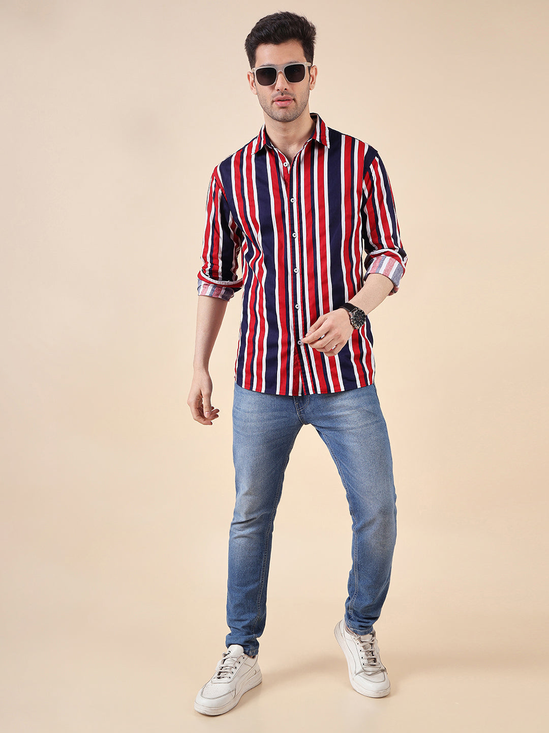 Men Cotton Print Regular Fit Stripe Shirt
