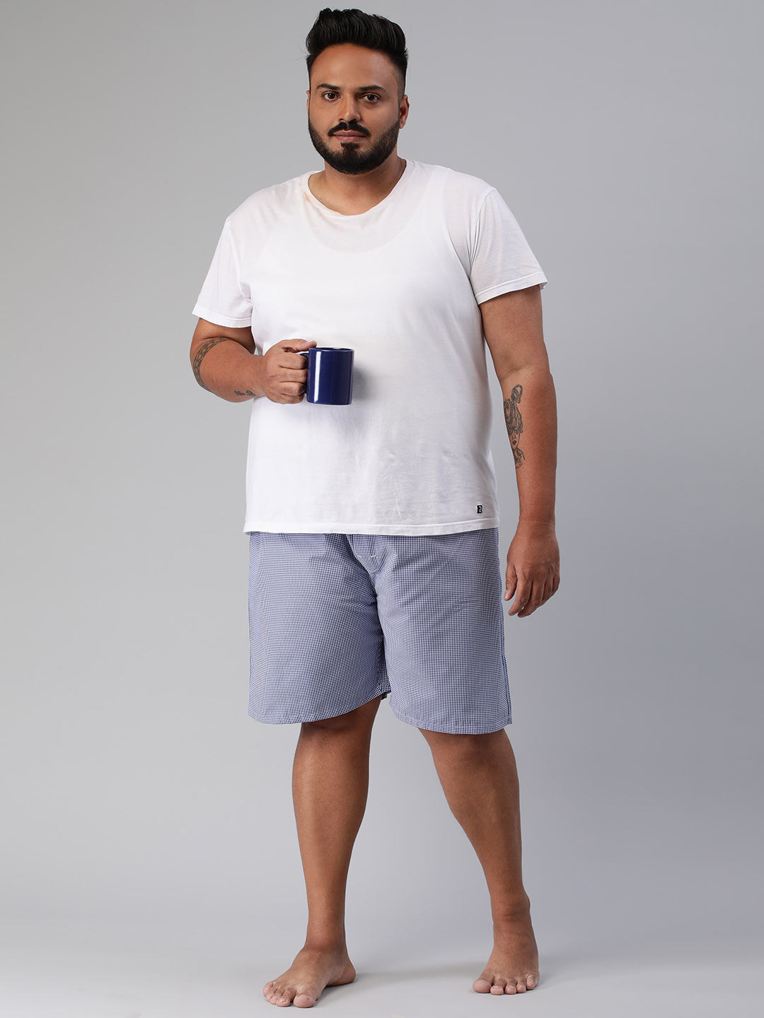 Men's Blue, 100% Cotton, Checkered, Regular Fit, Inner Elastic, Mid-Rise, Plus Size Boxers