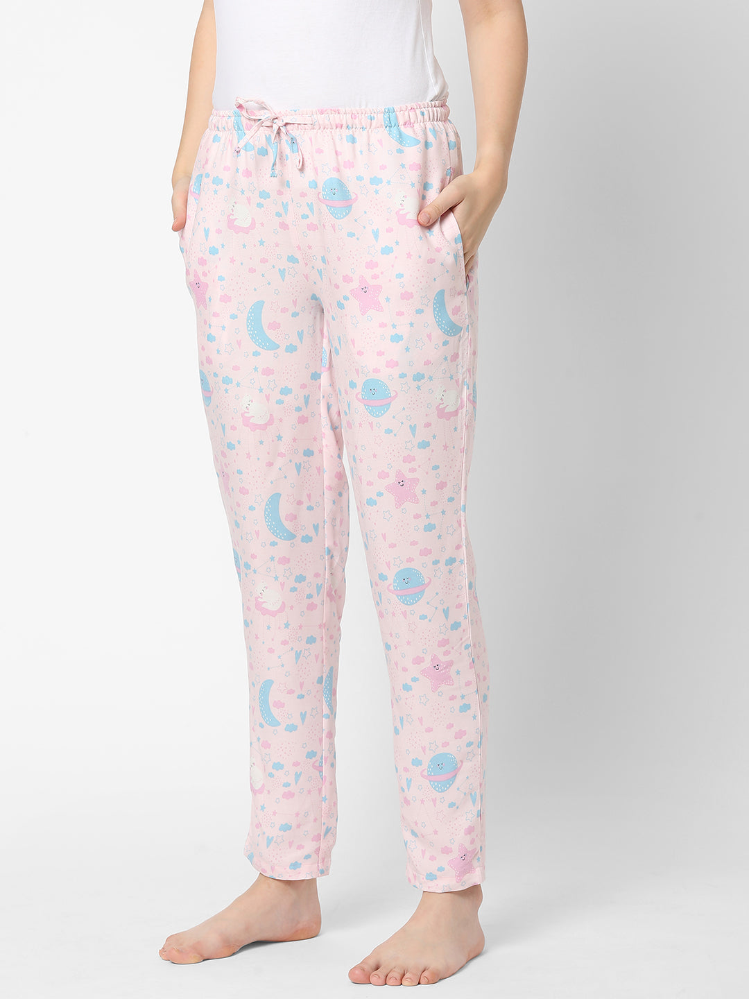 Women's Floral Print, Pink, Viscose, Regular Fit, Elasticated, Waistband, Pyjama  With Side Pockets