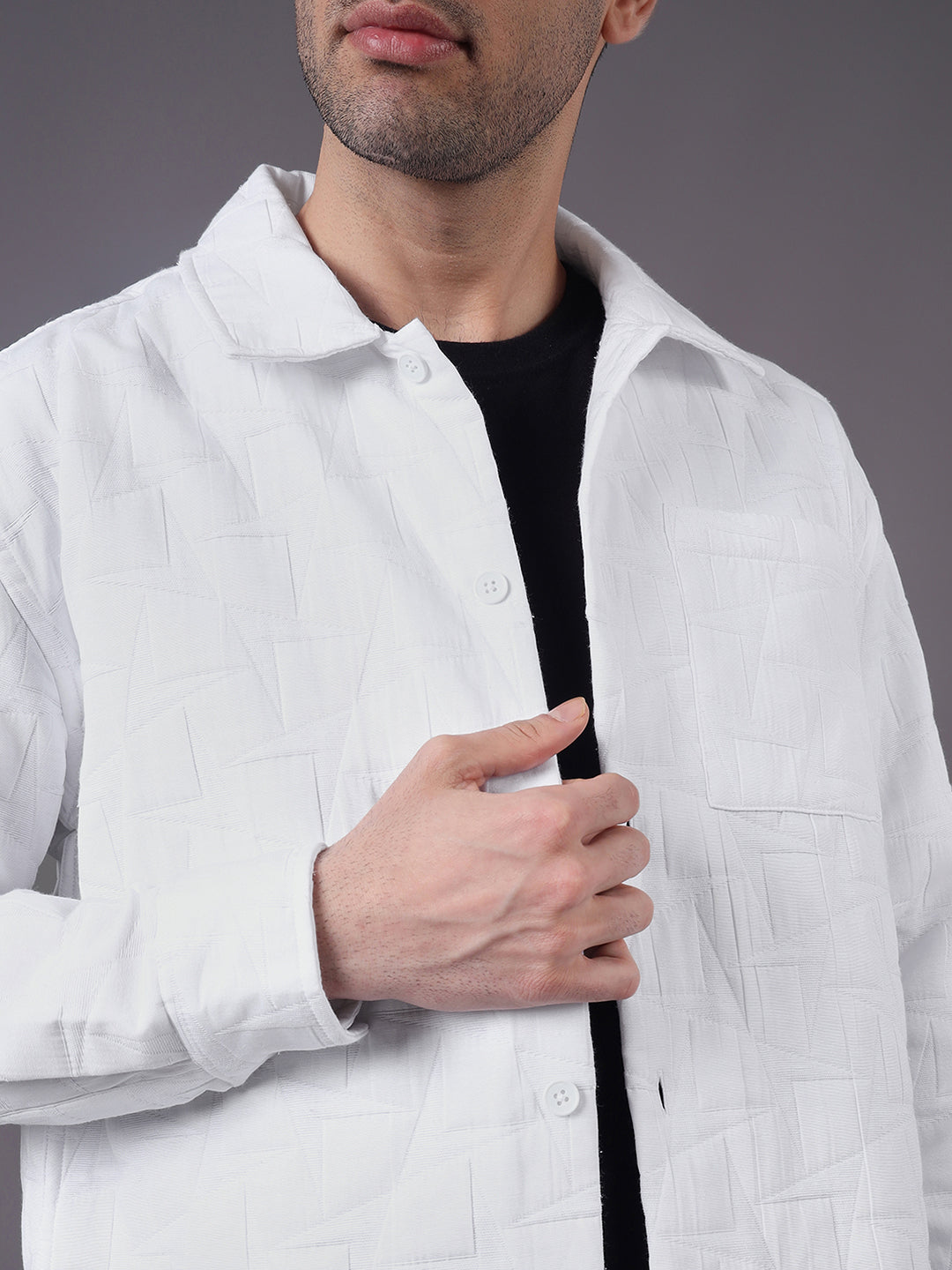 Men Solid Textured Jacquard Weave Oversized Cotton Shacket