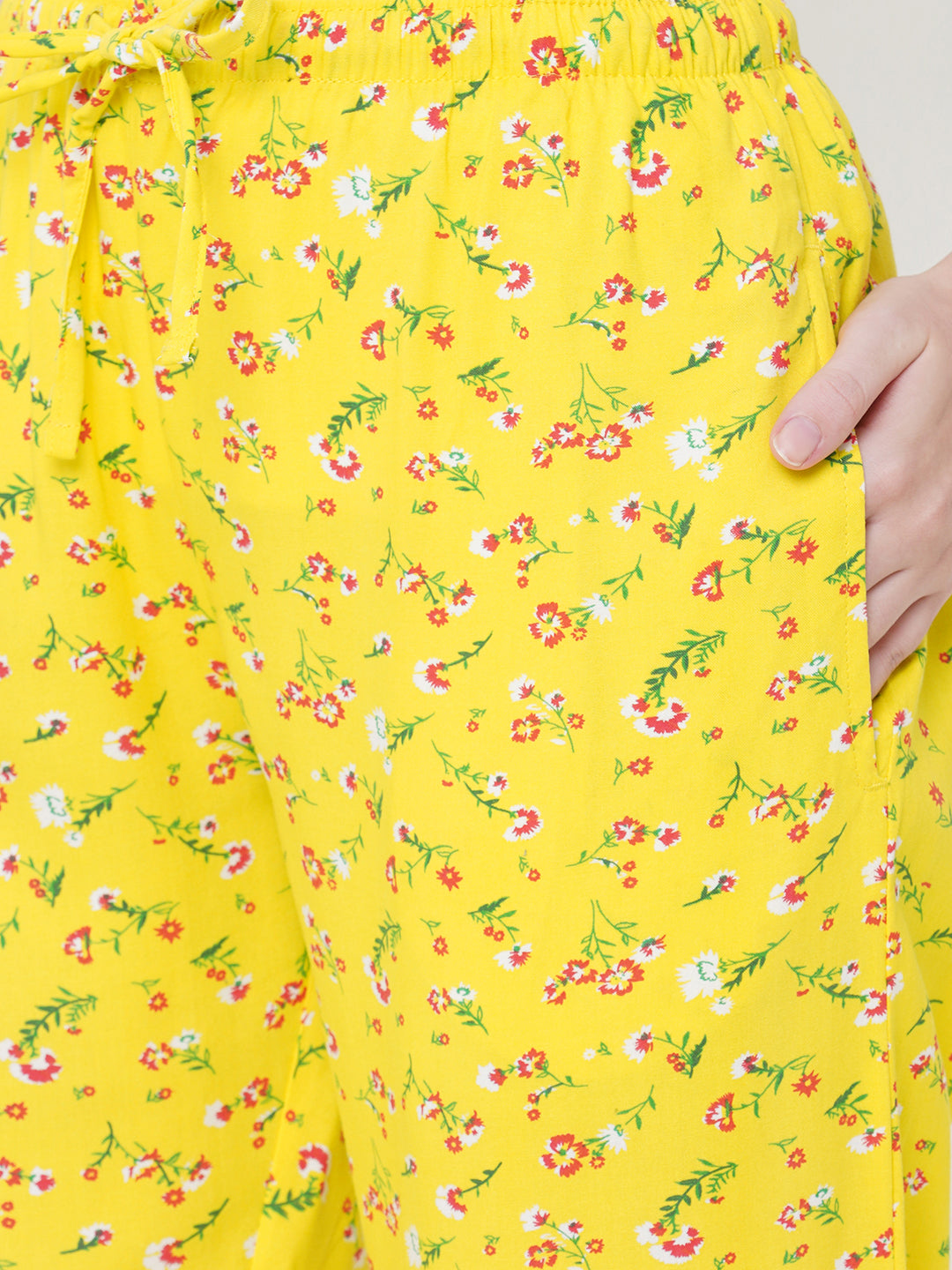 Women's Floral Print, Yellow, Viscose, Regular Fit, Elasticated, Waistband, Pyjama  With Side Pockets