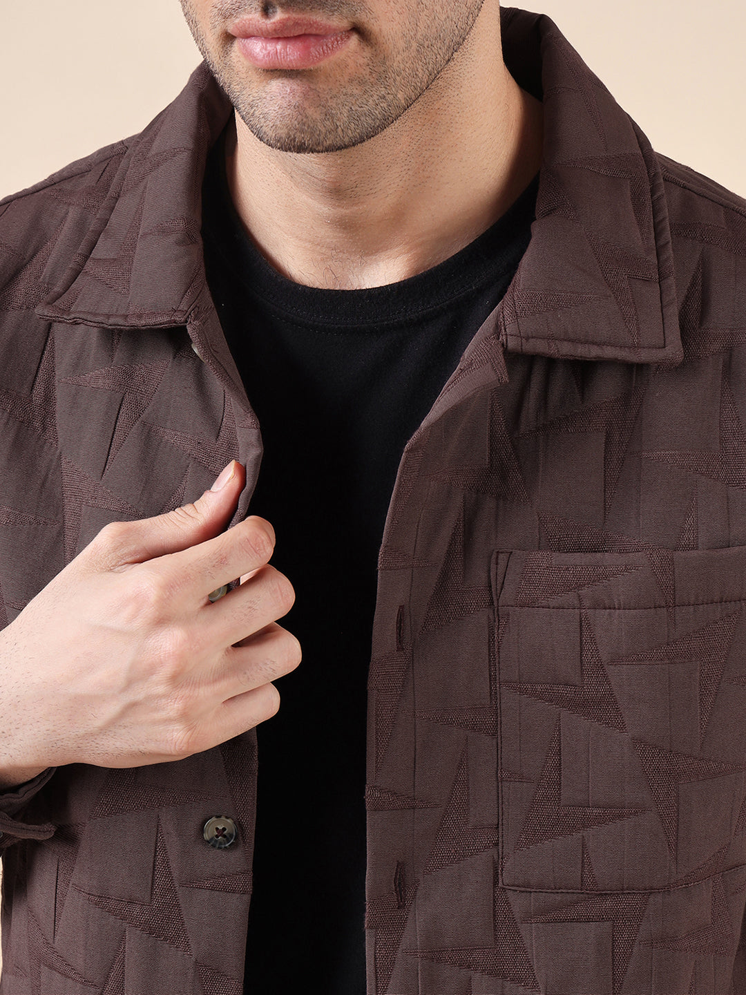 Men Solid Textured Jacquard Weave Oversized Cotton Shacket