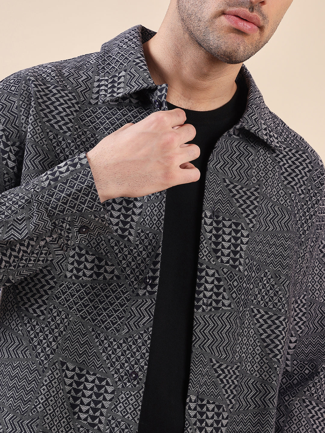 Men Jacquard-Weave Oversized Cotton Shacket
