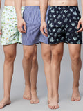 Men's Multicolor, 100% Cotton, Printed, Regular Fit, Inner Elastic, Mid-Rise, Boxers- Pack of 3