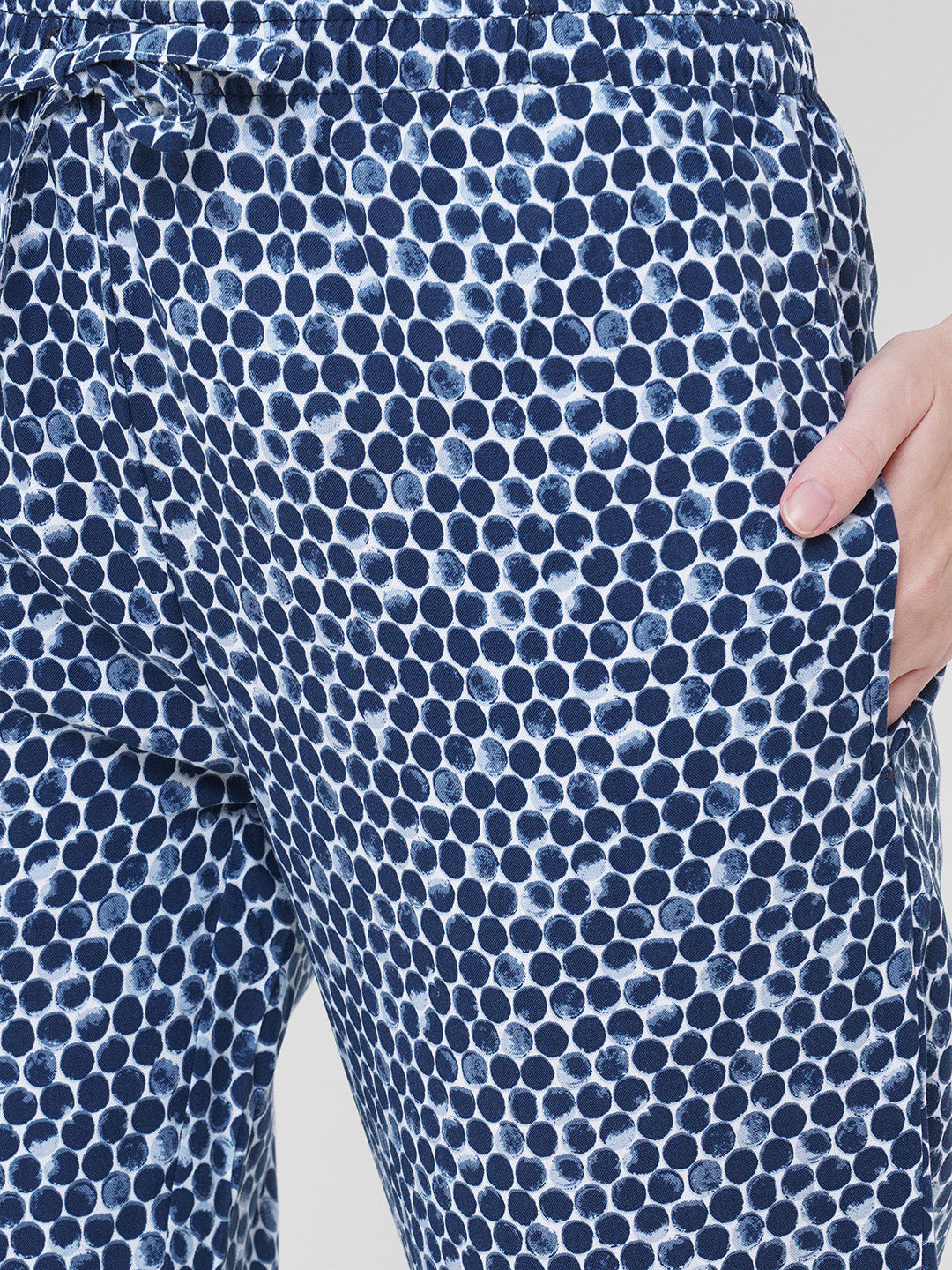 Women's Polka Print, Blue, Viscose, Regular Fit, Elasticated, Waistband, Pyjama  With Side Pockets